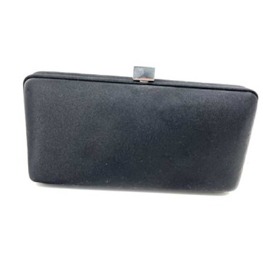 Enzo Angolini NWOT Black Sateen Clutch Bag with Silver Tone Chain & Top Clasp.